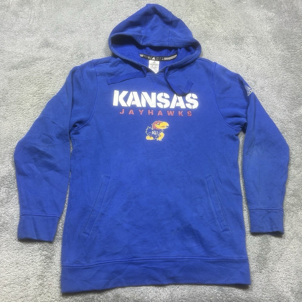 Adidas Kansas Jayhawks Hoodie Mens L Blue Basketball Pullover Sweatshirt Logo KU